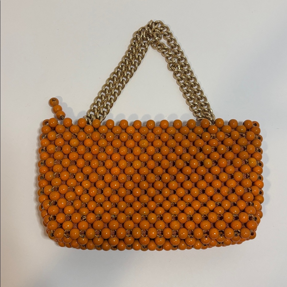 Vintage Jana Orange Wood Bead Gold Chain Purse Made in Japan - Picture 2 of 9